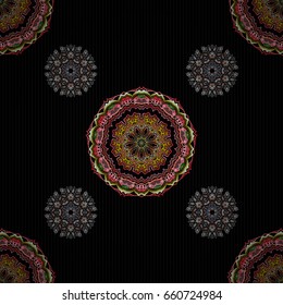 Vintage seamless pattern for decoration, printing, fabric or textile. Decorative vector orange and green elements with black backdrop.