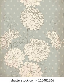 Vintage seamless pattern with decorative dahlia flowers on grey background. Vector illustration