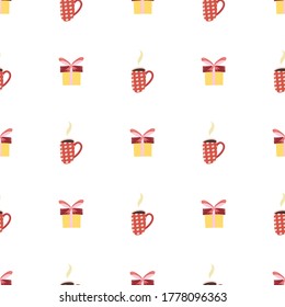 Vintage seamless pattern for decorative design with cup and gift box. Winter christmas holiday backdrop. Merry christmas background.