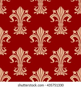 Vintage seamless pattern of decorative fleur-de-lis ornament with beige heraldic lily flowers with buds and victorian leaf scrolls on red background. Use as royal heraldry theme or interior design 