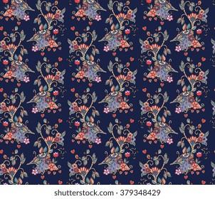 Vintage seamless pattern with decorative flowers, birds and hearts on dark blue background. Can be used for wallpapers, textiles, fabrics, textures, wrapping paper, card, invitation.