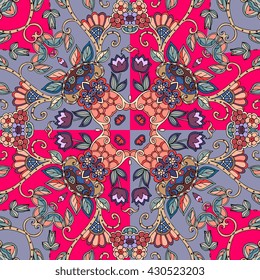 Vintage seamless pattern with decorative flowers, birds and hearts on bright pink background. Can be used for wallpapers, textiles, fabrics, textures, wrapping paper, card, invitation.