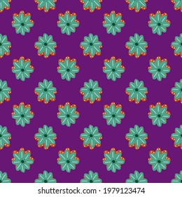 Vintage seamless pattern with decorative turquoise daisy flowers shapes. Purple bright background. Designed for fabric design, textile print, wrapping, cover. Vector illustration.