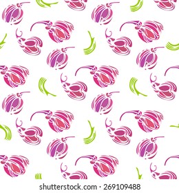 Vintage seamless pattern with decorative violet tulips and leaves