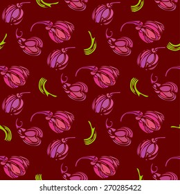 Vintage seamless pattern with decorative violet tulips and leaves