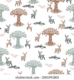 Vintage Nahtlose Muster mit Hirschherd- und Baumvektorgrafik können für Hintergrund- und Bekleidungsdesign verwendet werden