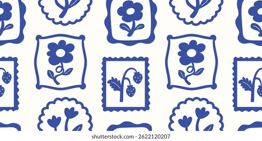 Vintage seamless pattern design with framed flowers, strawberry. Geometric spring-summer wallpaper print.