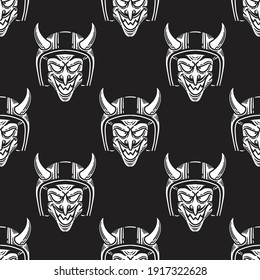 
vintage seamless pattern of a devil wearing a helmet on black background