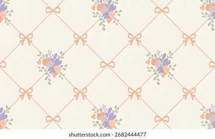 Vintage nahtloses Muster mit diagonalem Gitter, Bögen und pastellfarbenen Blumensträußen