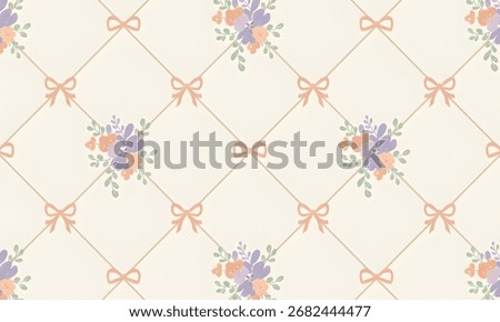 Vintage Seamless Pattern with Diagonal Lattice, Bows, and Pastel Floral Bouquets