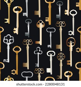 Vintage seamless pattern with different antique keys in gold and silver metal on black background.