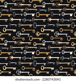 Vintage seamless pattern with different antique keys in gold and silver metal on black background.
