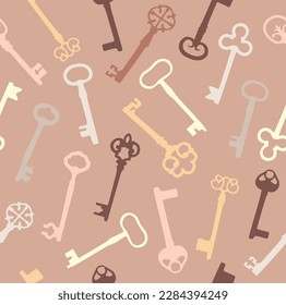 Vintage seamless pattern with different antique keys on pink