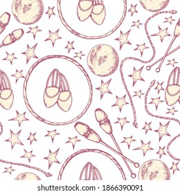 Vintage seamless pattern with different rhytmic gymnastics equipment. texture for invitations, announcements and competition background made in vector. 