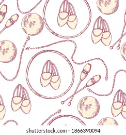 Vintage seamless pattern with different rhytmic gymnastics equipment. texture for invitations, announcements and competition background made in vector. 