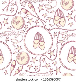 Vintage seamless pattern with different rhytmic gymnastics equipment. texture for invitations, announcements and competition background made in vector. 