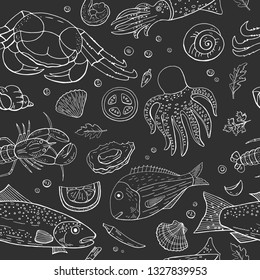 Vintage seamless pattern with different seafood and fish on black background. Vector hand drawn seafood pattern.