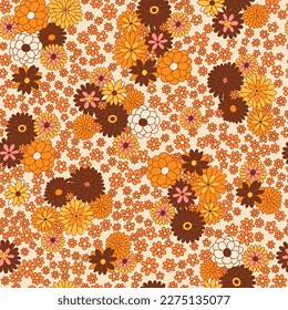 Vintage seamless pattern. Ditsy floral fabric print. Retro 70s textile design. Botanical hand drawn vector illustration