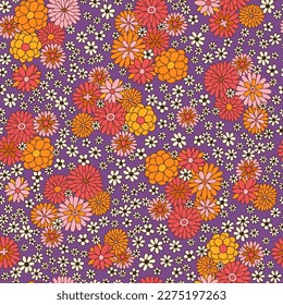 Vintage seamless pattern. Ditsy floral fabric print. Retro 70s textile design. Botanical hand drawn vector illustration