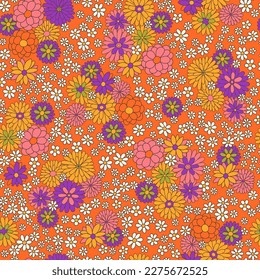 Vintage seamless pattern. Ditsy floral fabric print. Retro 70s textile design. Botanical hand drawn vector illustration