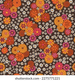 Vintage seamless pattern. Ditsy floral fabric print. Retro 70s textile design. Botanical hand drawn vector illustration