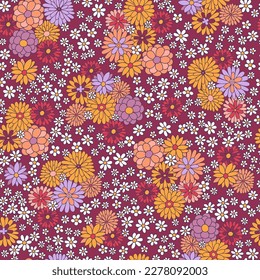 Patrón inmaculado. Impresión de tejidos florales. Diseño textil retro de los años 70. Ilustración de vector dibujada a mano