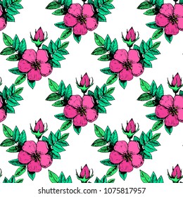 Vintage seamless pattern with dog-rose flowers