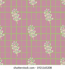 Vintage seamless pattern with doodle white leaf branches shapes. Pink chequered background. Simple style. Designed for fabric design, textile print, wrapping, cover. Vector illustration.