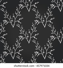 Vintage seamless pattern with double twig. Background for eco forest wedding or autumn celebrations. Floral rustic symbols and elements in chalkboard hand drawing style.