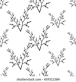 Vintage seamless pattern with double twig. Background for eco forest wedding or autumn celebrations. Black floral rustic symbols and elements on white hand drawing style.