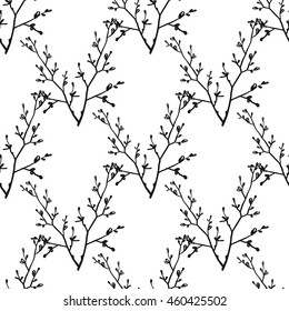 Vintage seamless pattern with double twig. Background for eco forest autumn celebrations. Black floral rustic symbols on white hand drawing style.