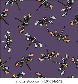 Vintage seamless pattern with dragonflies on a dark violet background, vector illustration
