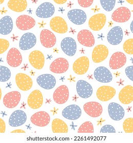 Vintage seamless pattern for Easter with Easter eggs in peas. Small cute daisy flowers. Cartoon in hand-drawn doodle style. Limited pastel palette. Vector