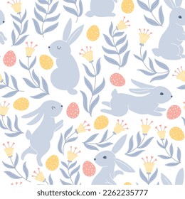 Vintage seamless pattern for Easter with hares rabbits and dotted Easter eggs. Folk style with fantastic flowers. Cartoon cute animals in hand-drawn doodle style. Limited pastel palette. Vector