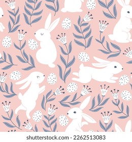 Vintage seamless pattern for Easter with hares rabbits and dotted Easter eggs. Folk style with fantastic flowers. Cartoon cute animals in hand-drawn doodle style. Limited pastel palette. Vector