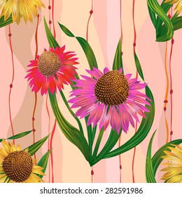 Vintage Seamless Pattern with Echinacea Flowers and Vertical Wavy Lines.
