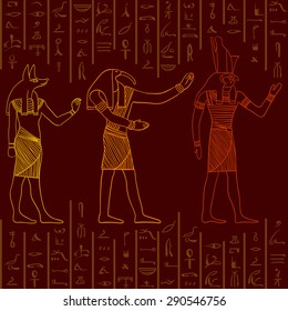 Vintage seamless pattern with egyptian gods on the grunge background with silhouettes of the ancient egyptian hieroglyphs. Retro hand drawn vector illustration