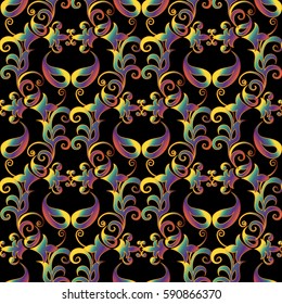 Vintage seamless pattern. Elegant  black damask background wallpaper illustration with colorful  paisley flowers and floral antique ornaments in Baroque Victorian style.