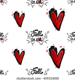 Vintage seamless pattern with Fall in love lettering and red heart. Background for eco forest wedding or autumn celebrations. Black floral rustic symbols and elements on white hand drawing style.