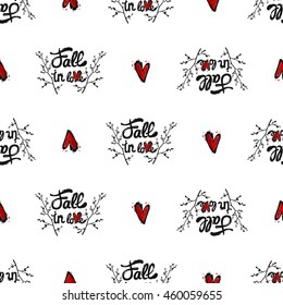 Vintage seamless pattern with Fall in love lettering and red heart. Background for eco forest wedding or autumn celebrations. Black floral rustic symbols and elements on white hand drawing style.