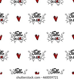Vintage seamless pattern with Fall in love lettering and red heart. Background for eco forest wedding or autumn celebrations. Black floral rustic symbols and elements on white hand drawing style.