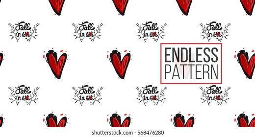 Vintage seamless pattern with Fall in love lettering and red heart. Background for eco forest wedding or autumn celebrations. Black floral rustic symbols and elements on white hand drawing style.