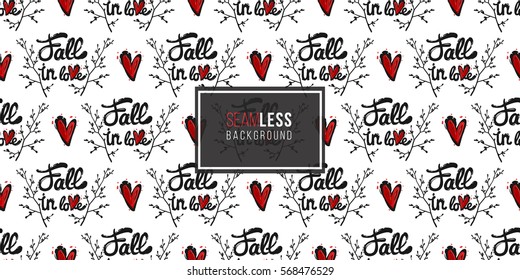 Vintage seamless pattern with Fall in love lettering and red heart. Background for eco forest wedding or autumn celebrations. Black floral rustic symbols and elements on white hand drawing style.