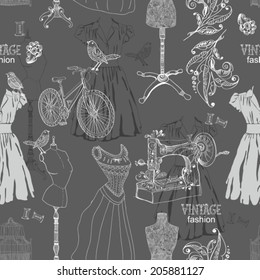 Vintage Seamless pattern - fashion and sewing, illustration, VECTOR