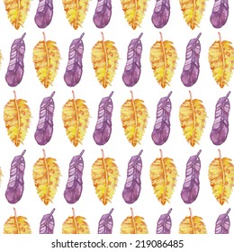 Vintage seamless pattern with feathers. Watercolor paint.