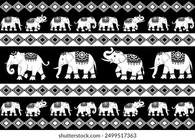 Vintage nahtlose Muster mit einem dekorativen Satz von Elefanten mit floralen und geometrischen Elementen in einem schwarz-weißen Design, traditionelle ethnische, Stoffmuster für Textilien, Teppiche, Tapeten, Tücher