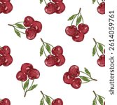 Vintage seamless pattern featuring hand drawn trios of ripe cherries with green leaves. Retro botanical fruit sketch, perfect for kitchen textiles, summer packaging and natural food branding.