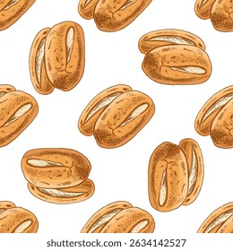 Vintage seamless pattern featuring hand drawn bread rolls with a golden crust and textured surface. Designed in classic engraving style and available in color and monochrome versions.