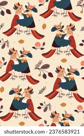 Vintage seamless pattern featuring two dancing birds. Perfect for textiles, wrapping paper for Valentine's Day and holiday projects.