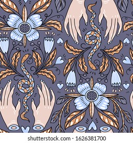 vintage seamless pattern, female hands, abstract snakes and blooms, hand drawn vintage elements on a grey background.